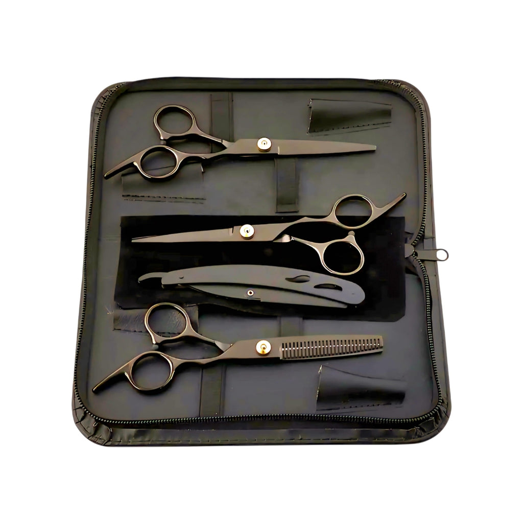 Kit profesional tijeras negras + navaja metálica