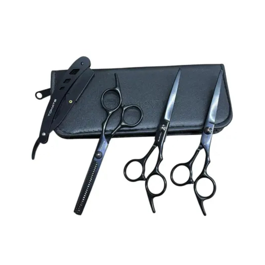 Kit profesional tijeras negras + navaja metálica